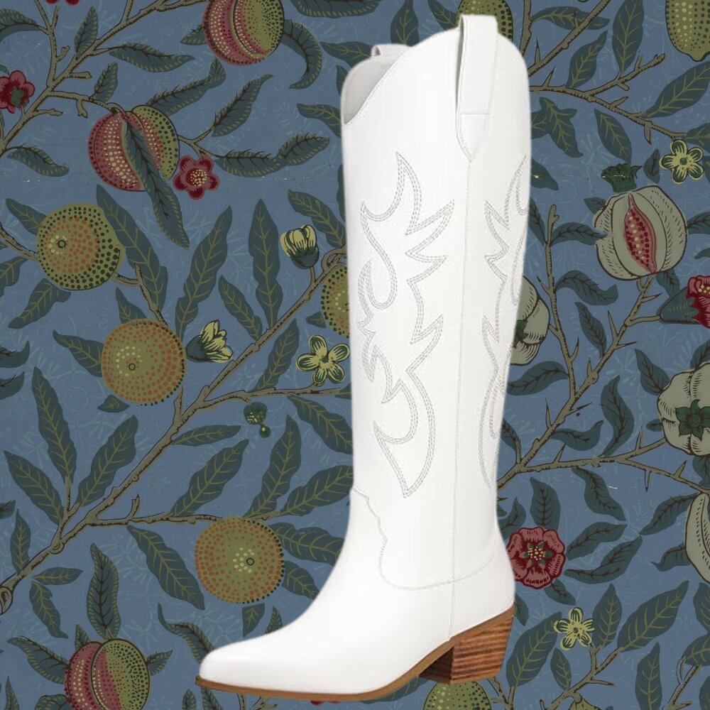 Women White Knee High Wide Calf Cowgirl Boots